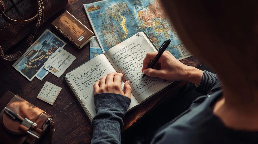 carnet de voyage à remplir — voyageur écrivant ses souvenirs de voyage