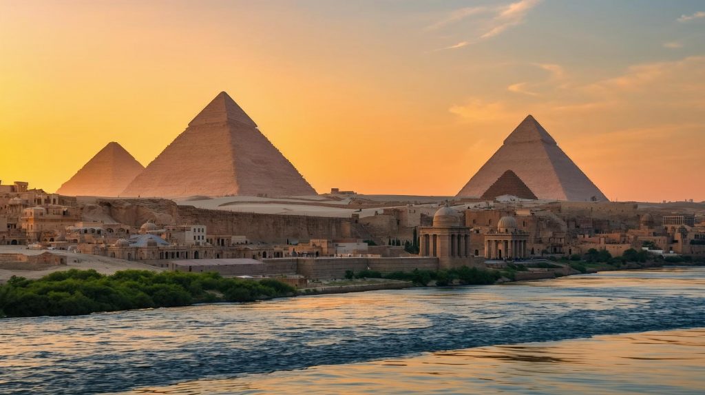 carnet de voyage Égypte — pyramides de Gizeh et le Nil au coucher du soleil